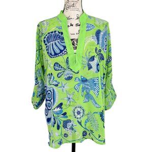 Gretchen Scott Sheer Top Green & Blue Floral Tunic Fish Sea of Love Women Size L